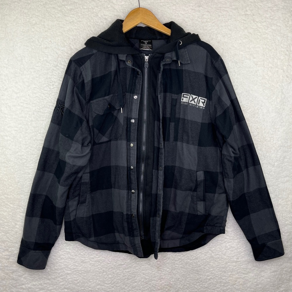 FXR Racing Ride Division Hooded Flannel Shirt Jacket Black Grey Plaid Mens Large